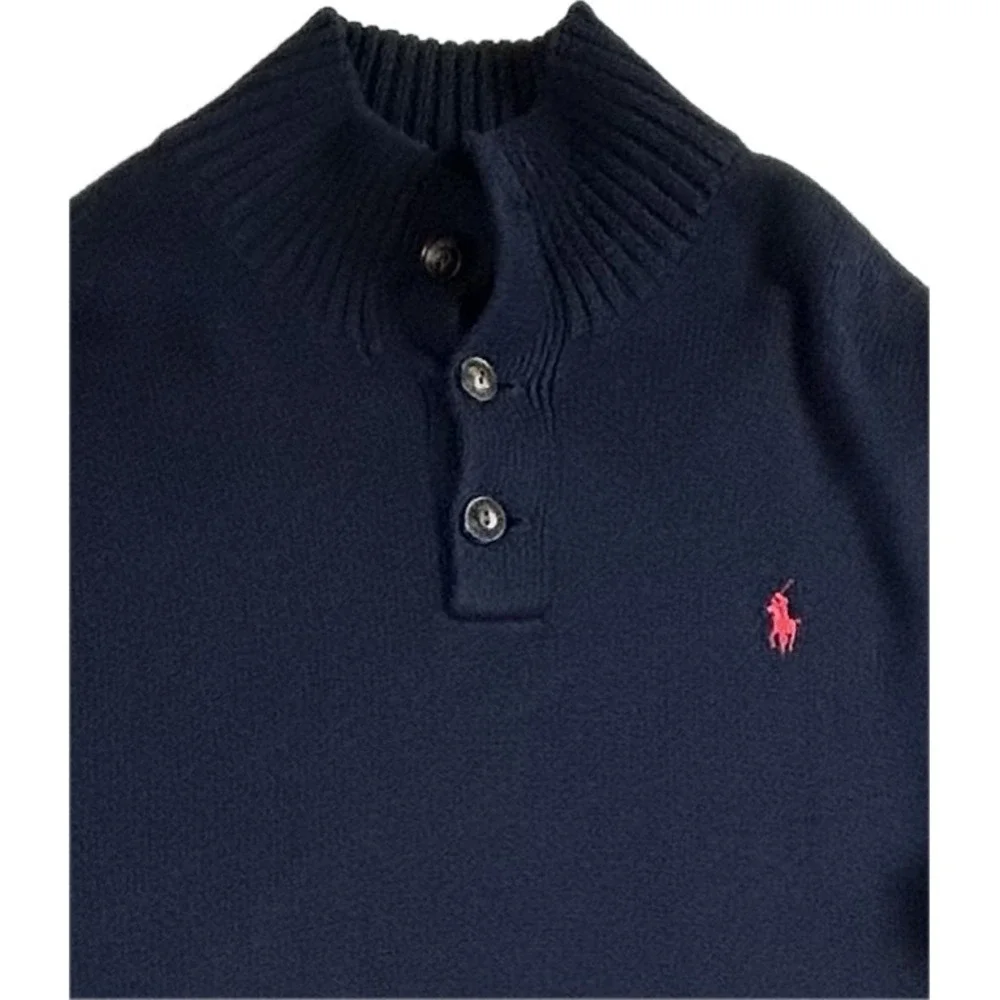 Polo Ralph Lauren Mens XL Navy Blue Cotton Mock Neck Button Sweater Red Pony